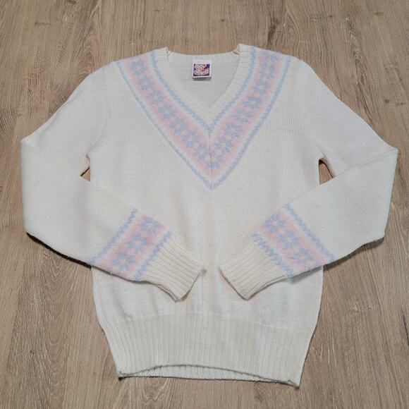 Offspring Wool Blend Sweater Academia V Neck Fair Isle Coquette Fairy VTG 70s - Picture 6 of 10